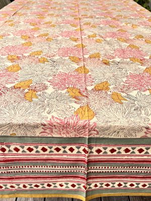 Nappe indienne imprimée au blockprint a Jaipur au Rajasthan en Inde motifs floral vert étang étourdissant bleu blanc Ma JUngle Family Vert prairie Jaune, dahlia rose