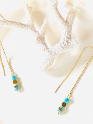 boucles d'oreilles pendantes en plaque or 24 carats cahinnette en perles dorées turquoise d''Egypte hématite Ma Jungle Family