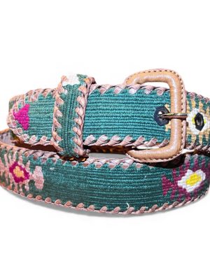 Ceinture brodée ethnique, coton tisse a la main, Guatemala, cuir véritable tresse. Là mansa, latch, Ma Jungle Family, l’île bleue, bordeaux, très colorée