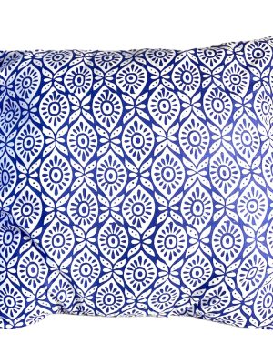 housse e coussin bleu capri grec fleuri blanc pompon blockprint coton indien ma jungle family oeil dessin graphique