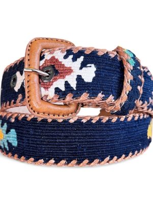 Ceinture brodée ethnique, coton tisse a la main, Guatemala, cuir véritable tresse. Là mansa, latch, Ma Jungle Family, l’île bleue, bordeaux, très colorée