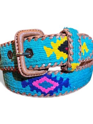 Ceinture brodée ethnique, coton tisse a la main, Guatemala, cuir véritable tresse. Là mansa, latch, Ma Jungle Family, l’île bleue, bordeaux, très colorée
