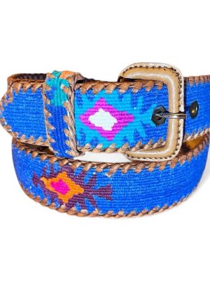 Ceinture brodée ethnique, coton tisse a la main, Guatemala, cuir véritable tresse. Là mansa, latch, Ma Jungle Family, l’île bleue, bordeaux, très colorée