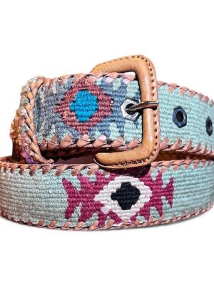 Ceinture brodée ethnique, coton tisse a la main, Guatemala, cuir véritable tresse. Là mansa, latch, Ma Jungle Family, l’île bleue, bordeaux, très colorée
