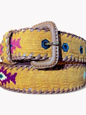 Ceinture brodée ethnique, coton tisse a la main, Guatemala, cuir véritable tresse. Là mansa, latch, Ma Jungle Family, l’île bleue, bordeaux, très colorée